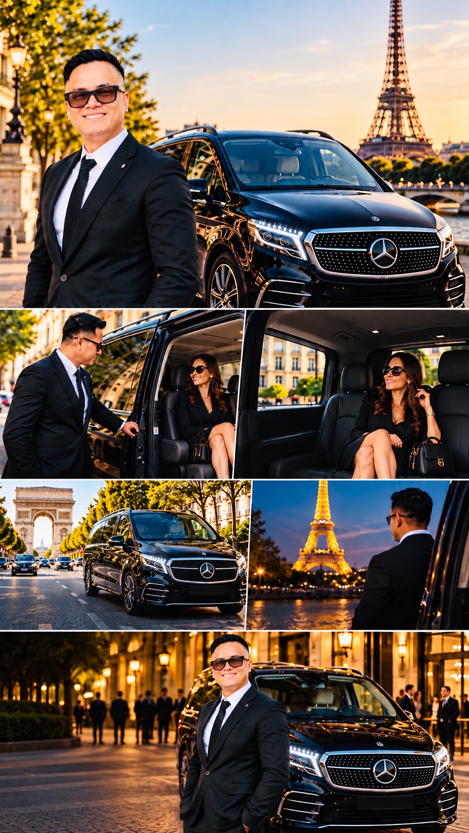 Collage of Iyan, a black Mercedes van, a passenger, and landmarks in Paris