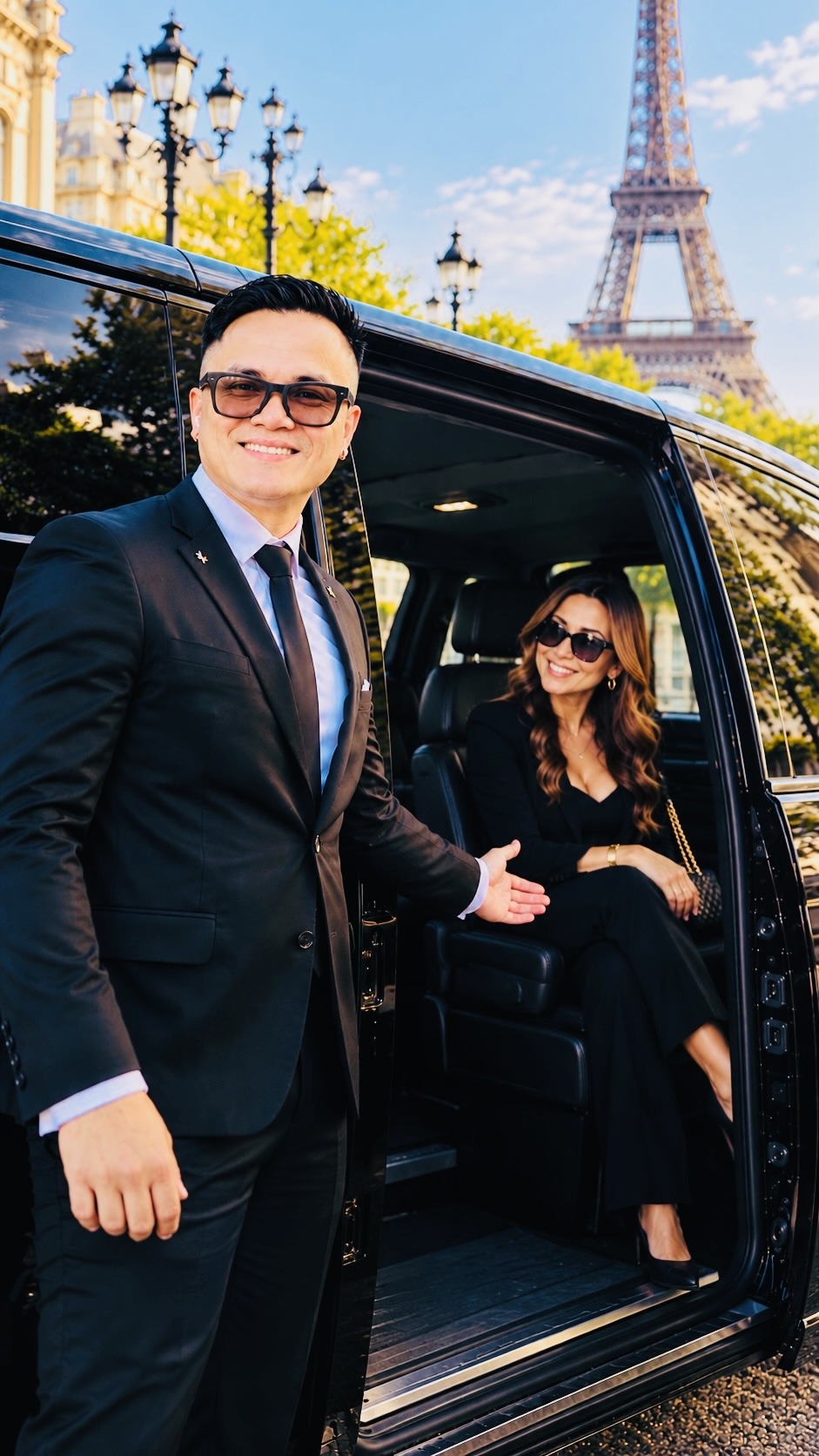 Iyan welcoming a passenger into a black van near the Eiffel Tower