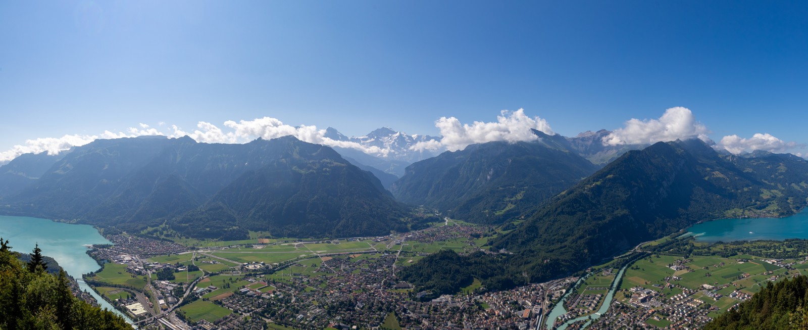 Interlaken viewed from Harder Kulm, surrounded by lakes and Swiss mountains